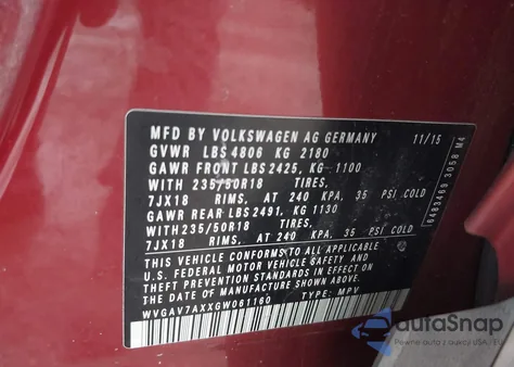 2016 Volkswagen Tiguan Se из США, поврежденный, VIN WVGAV7AXXGW061160